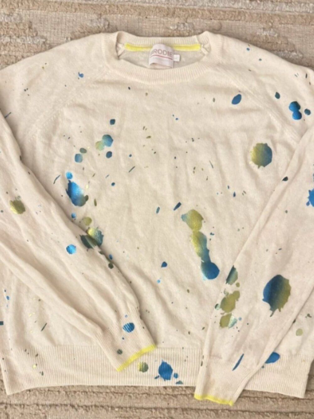 Brodie 100% Cashmere Sweater Cream Paint Splatter Metallic Blue Green L